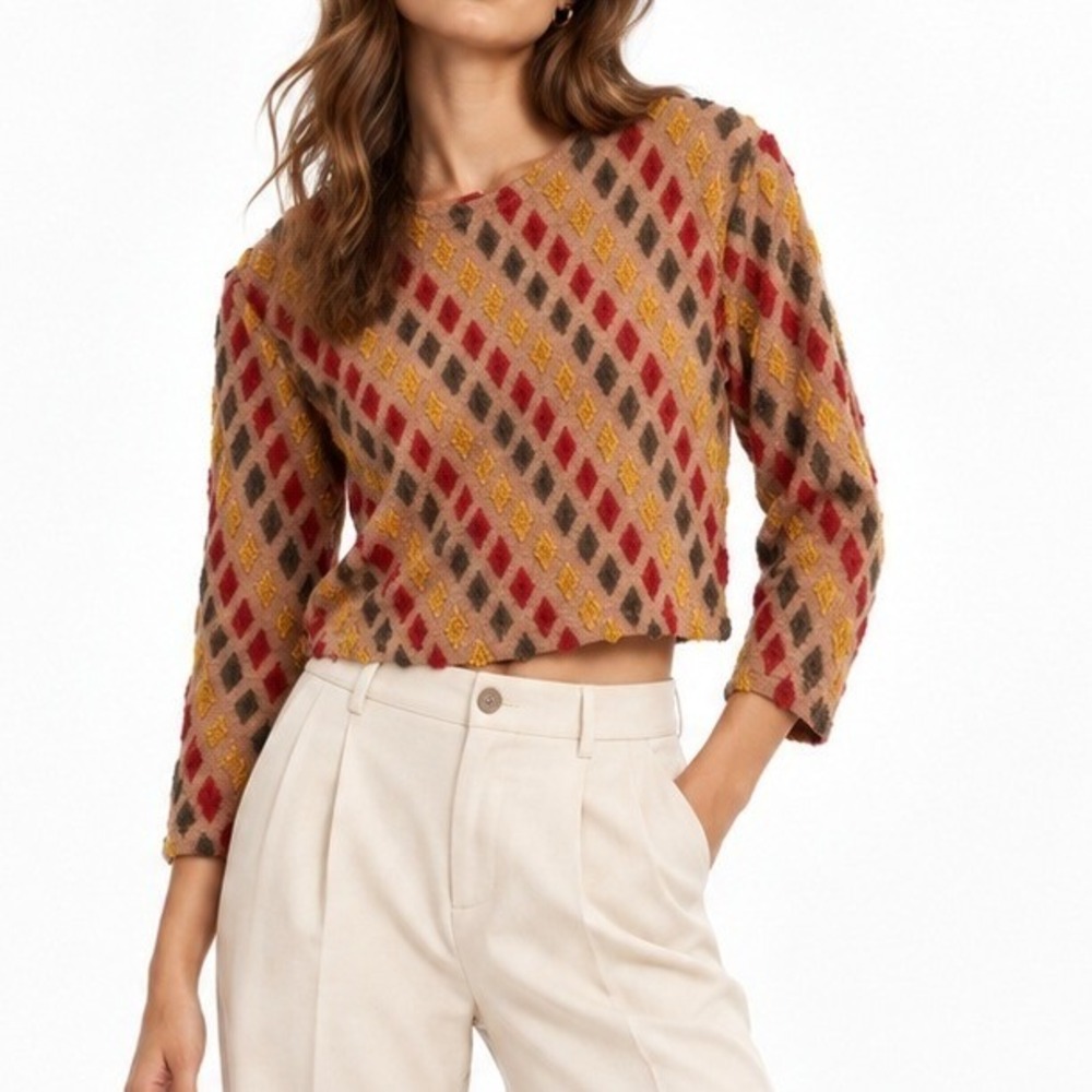Free People Textured Harlequin Diamond Cropped Long Sleeve Top Tan Red Yellow